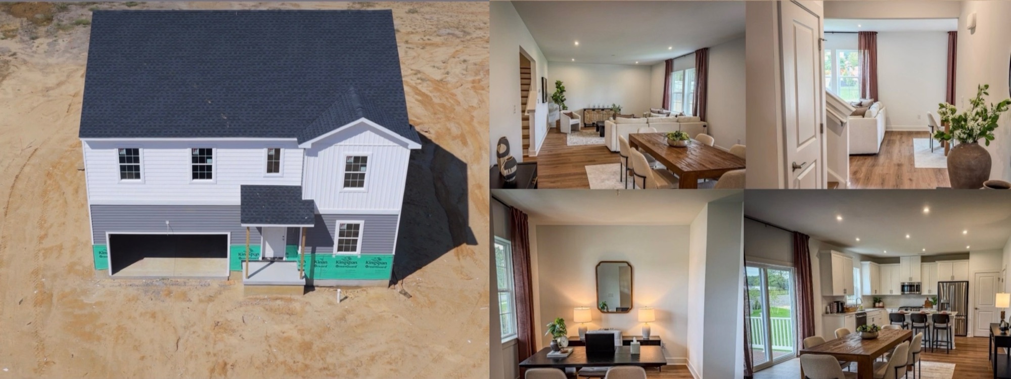 Aerial exterior and interior photo collage of a new construction home listing